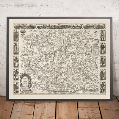 Ancienne carte monochrome de la Bohême par Speed, 1626 : République tchèque, Prague, rivières, illustrations 