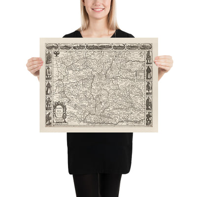 Ancienne carte monochrome de la Bohême par Speed, 1626 : République tchèque, Prague, rivières, illustrations 