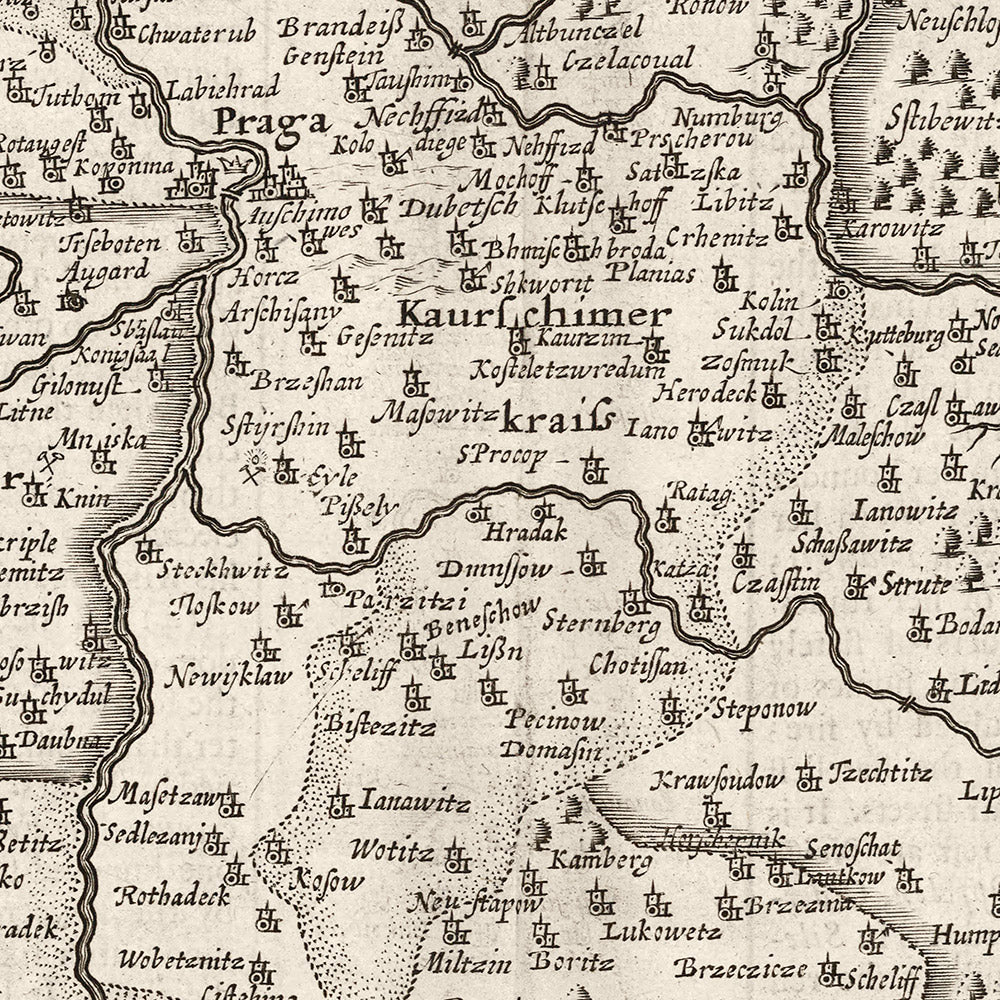 Ancienne carte monochrome de la Bohême par Speed, 1626 : République tchèque, Prague, rivières, illustrations 