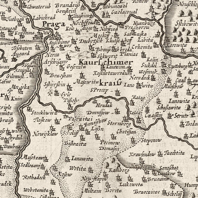 Ancienne carte monochrome de la Bohême par Speed, 1626 : République tchèque, Prague, rivières, illustrations 