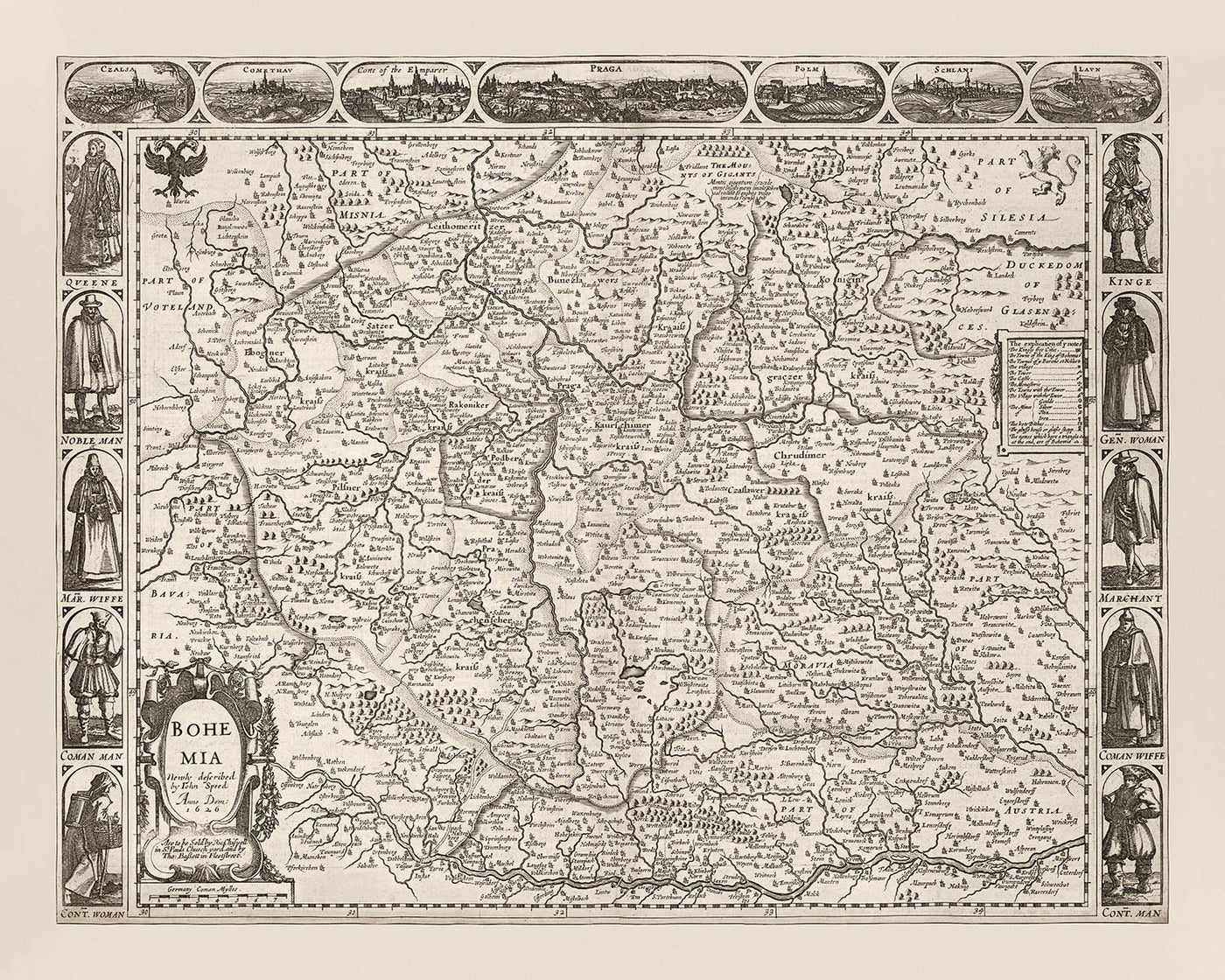 Ancienne carte monochrome de la Bohême par Speed, 1626 : République tchèque, Prague, rivières, illustrations 