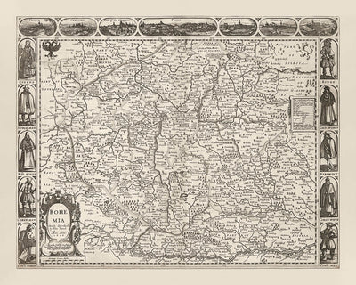Ancienne carte monochrome de la Bohême par Speed, 1626 : République tchèque, Prague, rivières, illustrations 