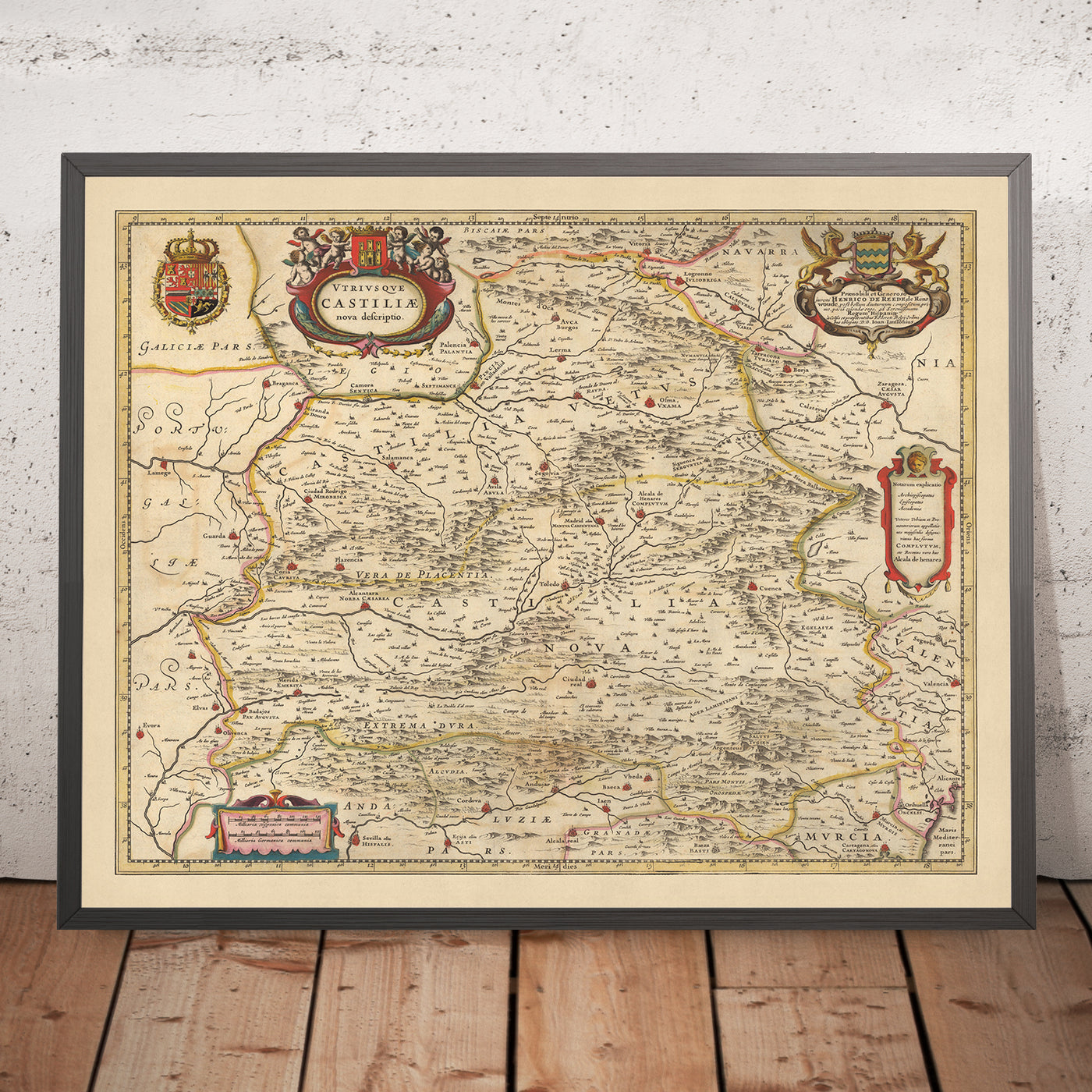 Mapa antiguo de Castilla la Vieja y Nueva, España por Visscher, 1690: Madrid, Valencia, Sevilla, Zaragoza, Murcia
