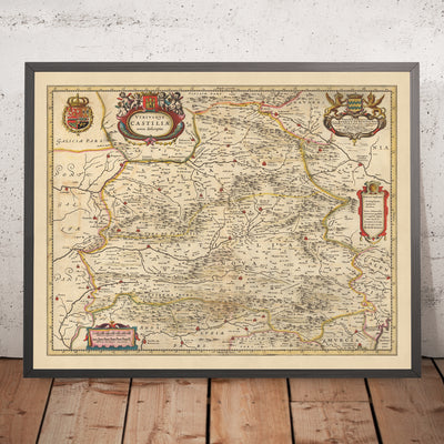 Mapa antiguo de Castilla la Vieja y Nueva, España por Visscher, 1690: Madrid, Valencia, Sevilla, Zaragoza, Murcia