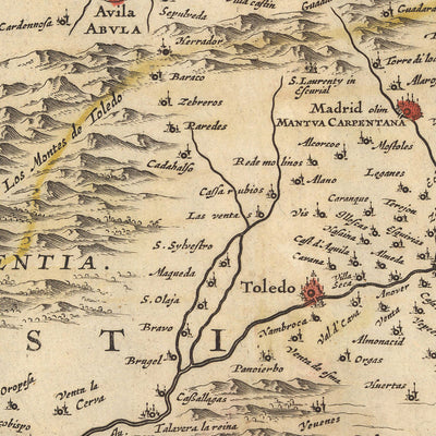 Mapa antiguo de Castilla la Vieja y Nueva, España por Visscher, 1690: Madrid, Valencia, Sevilla, Zaragoza, Murcia