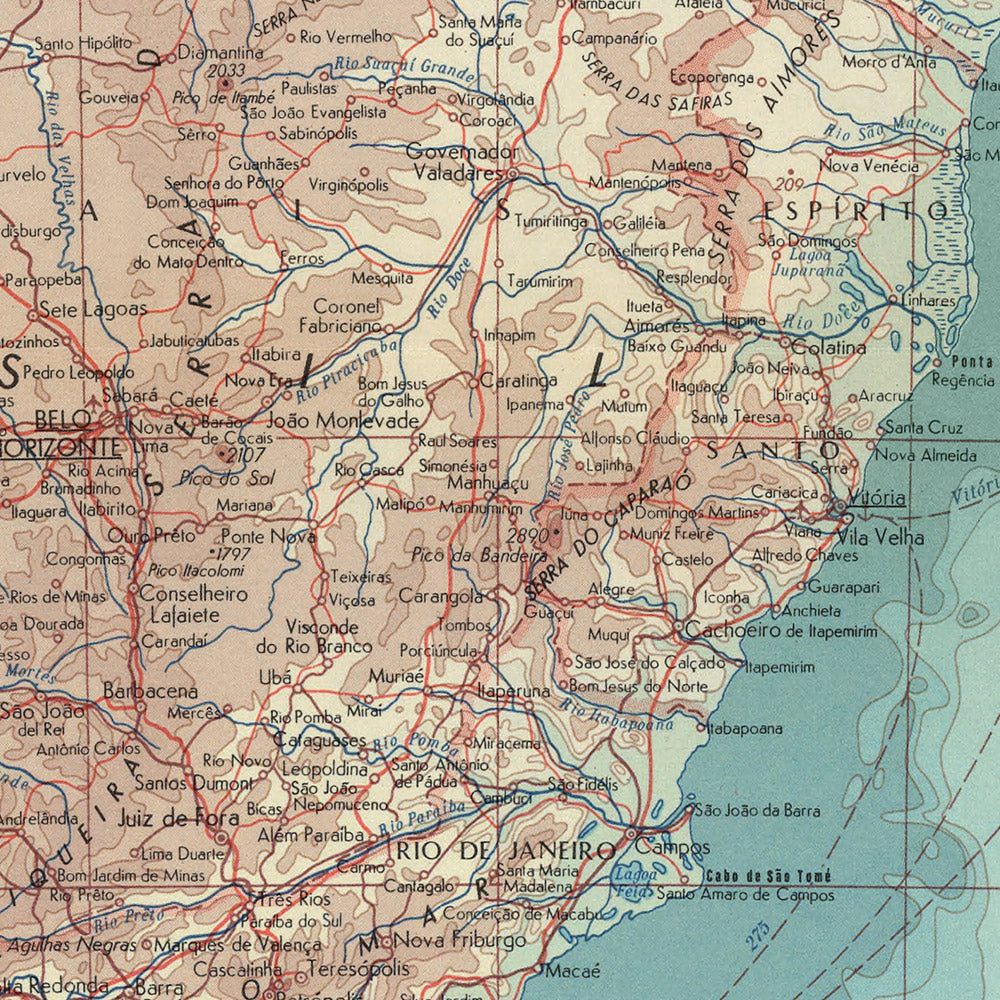 Old Map of East Brazil, 1967: São Paulo, Rio de Janeiro, Brasília, Amazon River, Pantanal