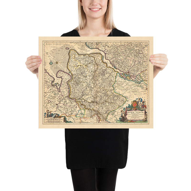 Mapa antiguo de Bremen y Verden: Visscher, 1690: Hamburgo, Oldenburg, Lüneberg, Bremerhaven, Stade