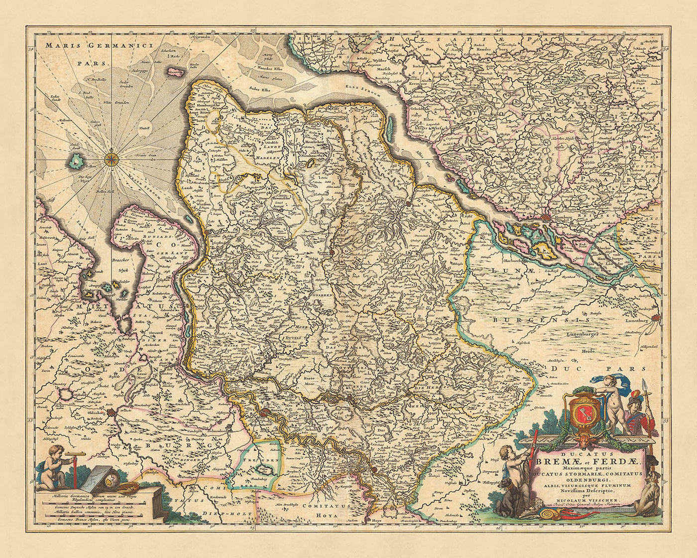Mapa antiguo de Bremen y Verden: Visscher, 1690: Hamburgo, Oldenburg, Lüneberg, Bremerhaven, Stade