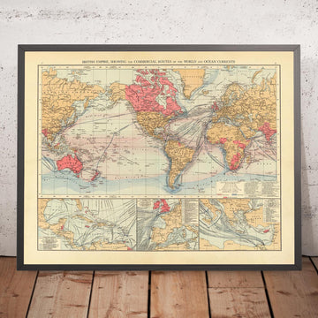 Alte Weltkarte des Handelsnetzes und der Meeresströmungen des Britischen Empire, 1895 - Schifffahrtskarte, Unterseekabel 