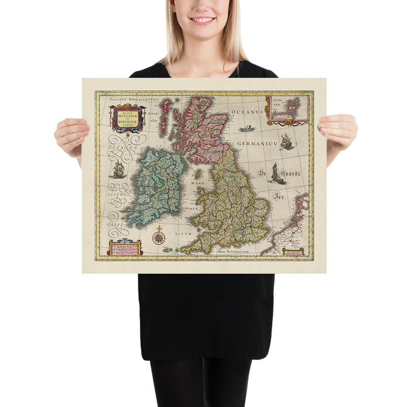 Old County Map of the British Isles by Blaeu, 1665: English, Welsh, Scottish and Irish Counties and Cities