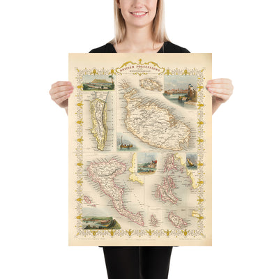 Ancienne carte des possessions britanniques en Méditerranée par Tallis & Rapkin 1851 : Gibraltar, Malte, Chypre, Helgoland, îles Ioniennes