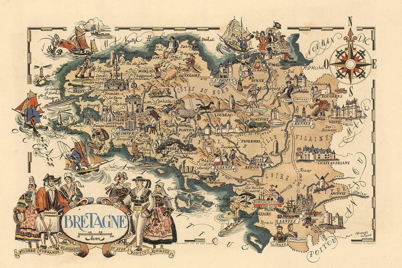 Mapa antiguo de Bretaña, Francia, de Jacques Liozu, 1951: Rennes, Nantes, Brest, Quimper, Saint-Malo