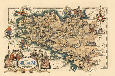 Mapa antiguo de Bretaña, Francia, de Jacques Liozu, 1951: Rennes, Nantes, Brest, Quimper, Saint-Malo