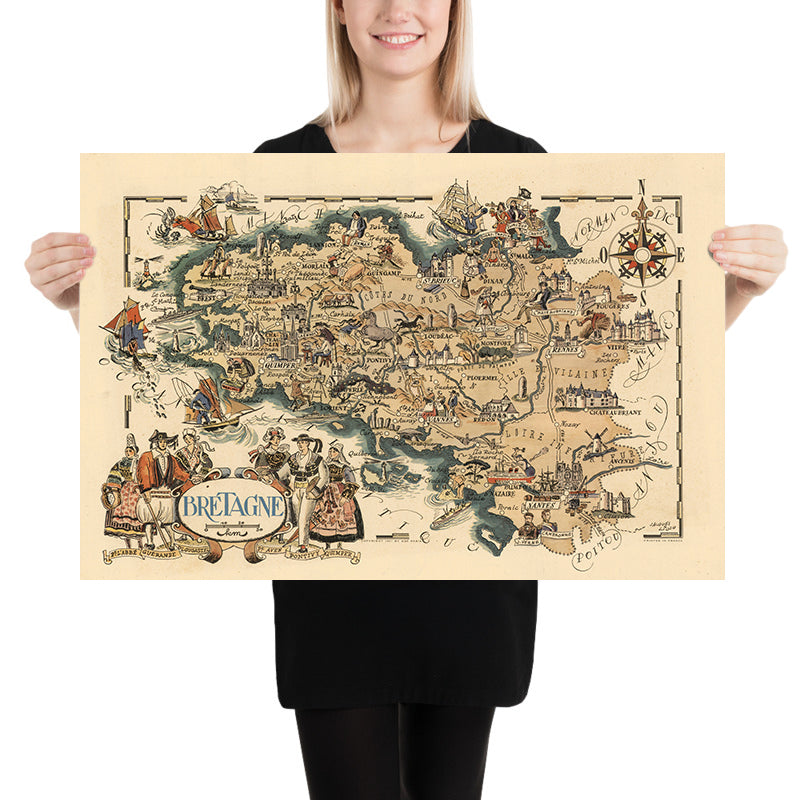 Mapa antiguo de Bretaña, Francia, de Jacques Liozu, 1951: Rennes, Nantes, Brest, Quimper, Saint-Malo