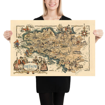 Mapa antiguo de Bretaña, Francia, de Jacques Liozu, 1951: Rennes, Nantes, Brest, Quimper, Saint-Malo