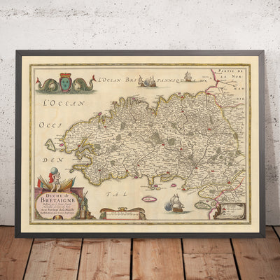 Old Map of Brittany by Nicolaes Visscher, 1690: Rennes, Nantes, Brest, Saint-Malo, and Vannes