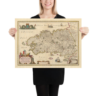Old Map of Brittany by Nicolaes Visscher, 1690: Rennes, Nantes, Brest, Saint-Malo, and Vannes
