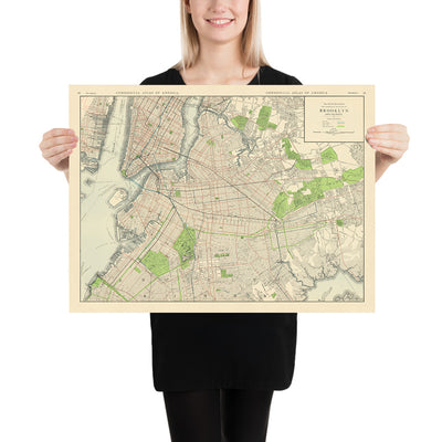 Alte Karte von Brooklyn von Rand McNally, 1912: Erhöhte und Schnellverkehrslinien, Straßenbahnen, Prospect Park, Brooklyn Bridge 