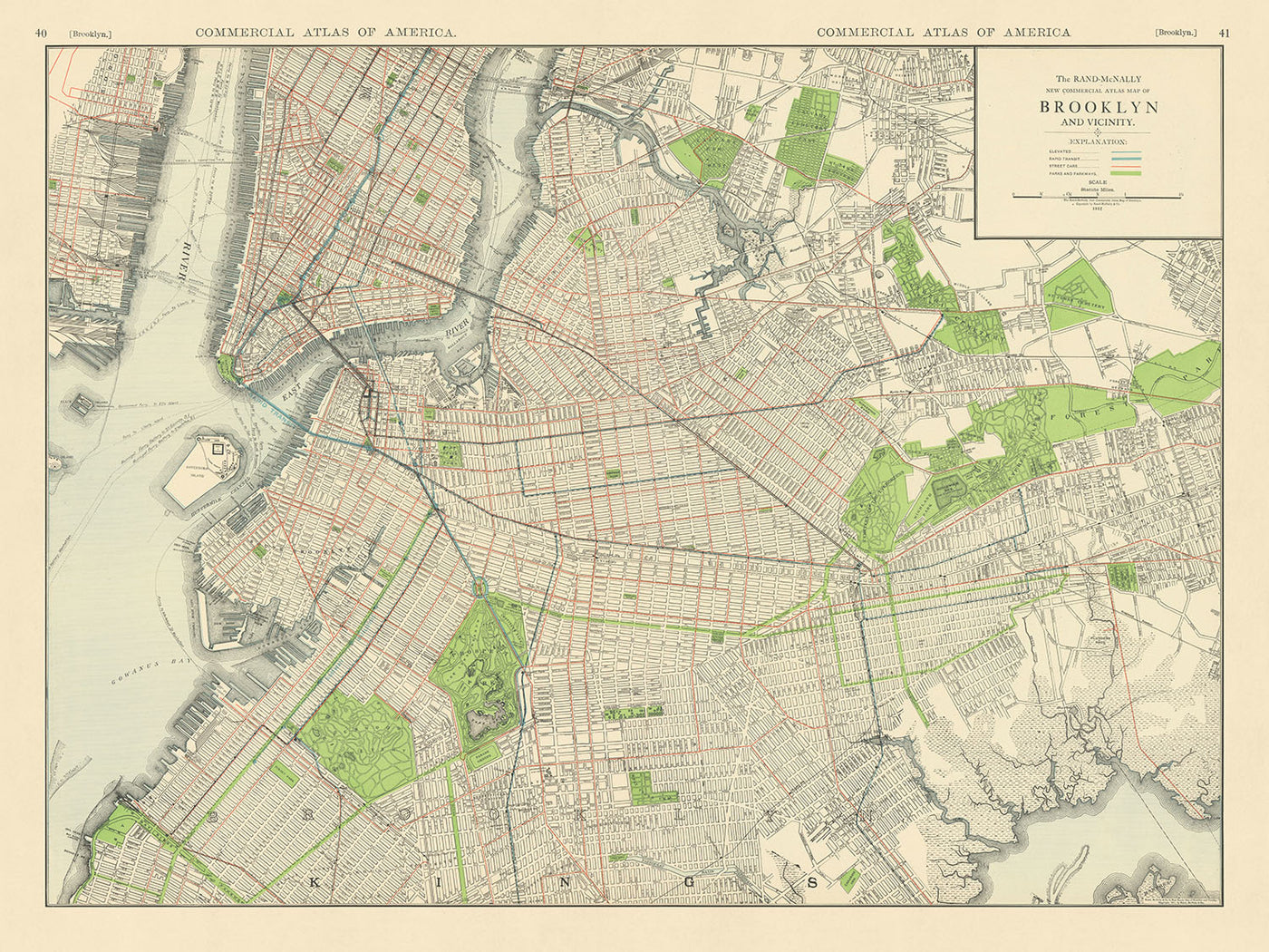 Alte Karte von Brooklyn von Rand McNally, 1912: Erhöhte und Schnellverkehrslinien, Straßenbahnen, Prospect Park, Brooklyn Bridge 