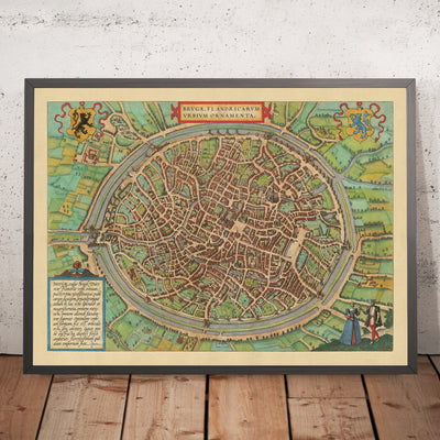 Old Birdseye Map of Bruges by Braun, 1572: Belfry, St. Salvator's Cathedral, Church of Our Lady