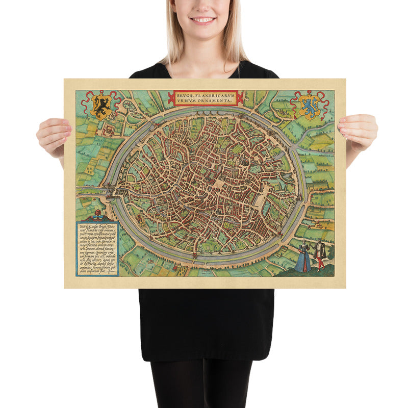 Old Birdseye Map of Bruges by Braun, 1572: Belfry, St. Salvator's Cathedral, Church of Our Lady