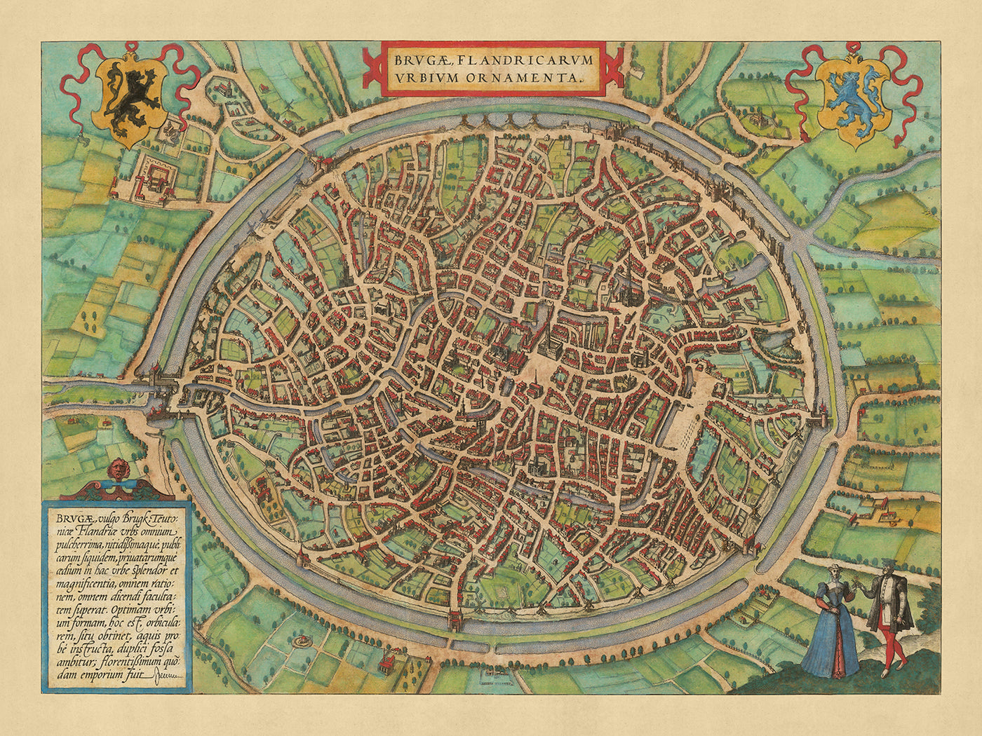 Old Birdseye Map of Bruges by Braun, 1572: Belfry, St. Salvator's Cathedral, Church of Our Lady