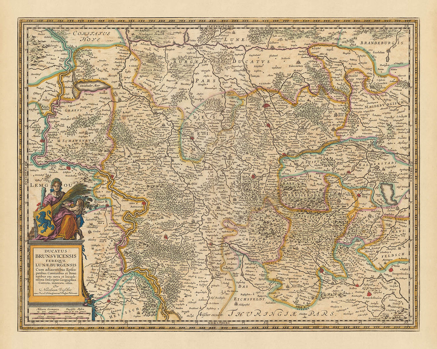 Old Map of Brunswick and Lüneburg by Visscher, 1690: Hanover, Wolfsburg, Hildesheim, Göttingen, Harz National Park