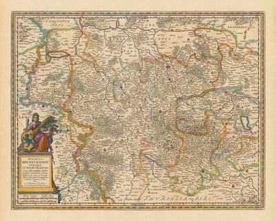 Old Map of Brunswick and Lüneburg by Visscher, 1690: Hanover, Wolfsburg, Hildesheim, Göttingen, Harz National Park