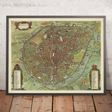 Alter Vogelperspektivplan von Brüssel von Blaeu, 1649: Befestigungen, Kirchen, öffentliche Gebäude, Stadtteile, Gärten 