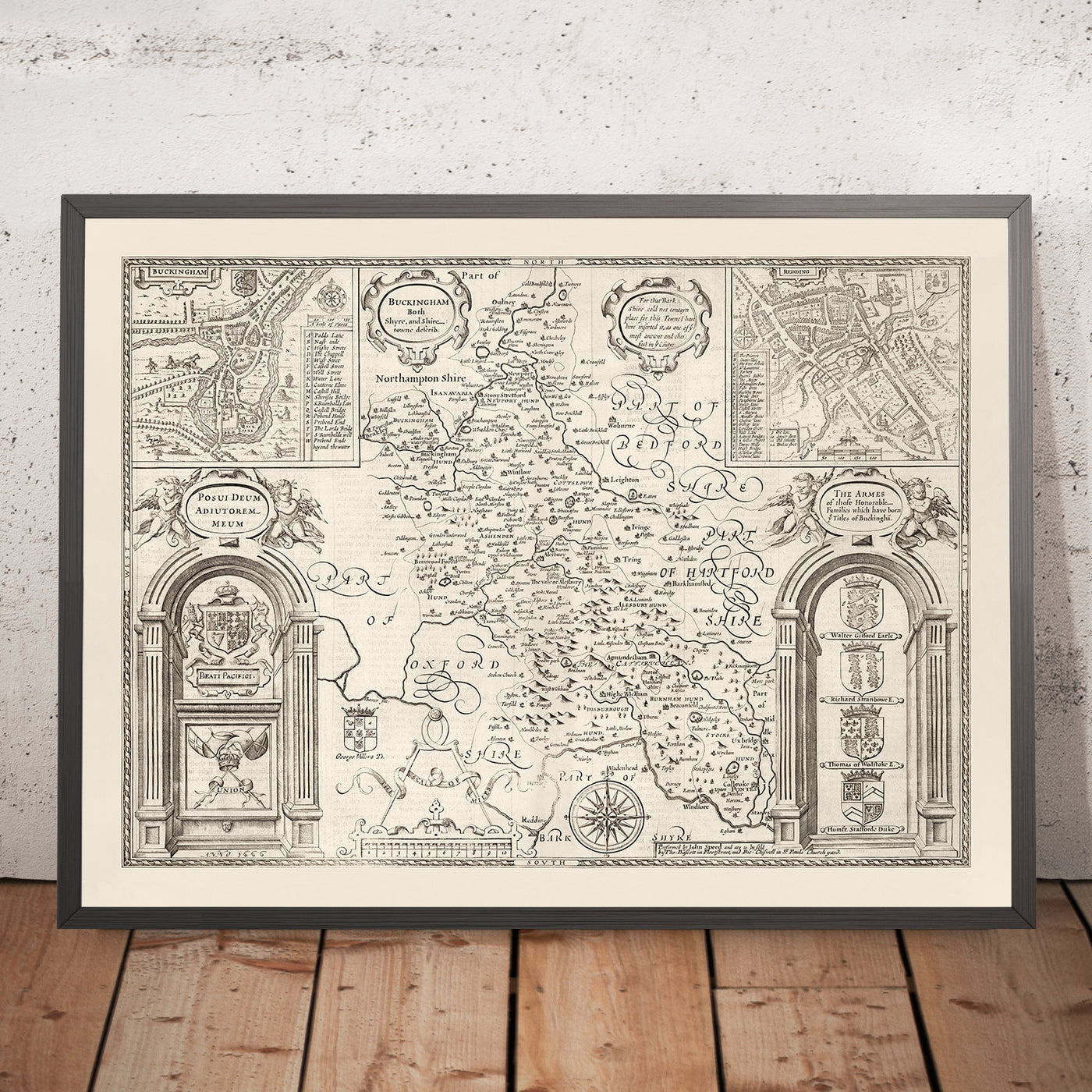 Old Monochrome Map of Buckinghamshire in 1611 by John Speed - High Wycombe, Amersham, Buckingham, Milton Keynes
