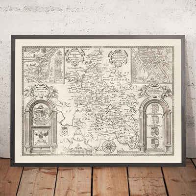 Old Monochrome Map of Buckinghamshire in 1611 by John Speed - High Wycombe, Amersham, Buckingham, Milton Keynes