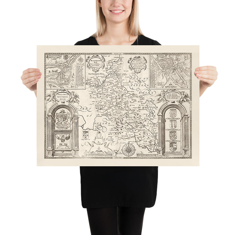 Old Monochrome Map of Buckinghamshire in 1611 by John Speed - High Wycombe, Amersham, Buckingham, Milton Keynes