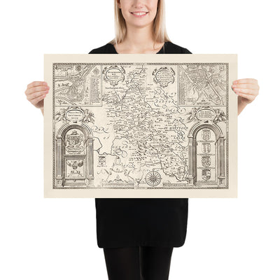 Old Monochrome Map of Buckinghamshire in 1611 by John Speed - High Wycombe, Amersham, Buckingham, Milton Keynes