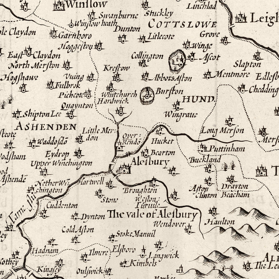 Vieille carte monochrome de Buckinghamshire en 1611 par John Speed ​​- High Wycombe, Amersham, Buckingham, Milton Keynes