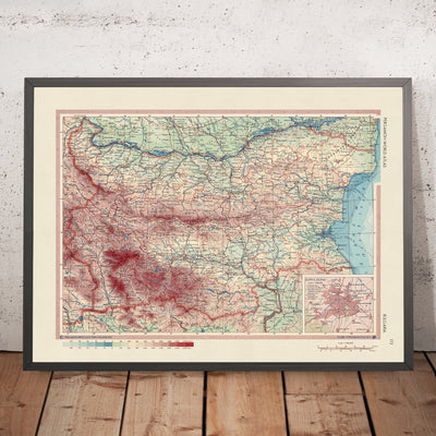 Mapa antiguo de Bulgaria, 1967: Sofía, representación política y física detallada, montañas, ríos y llanuras 