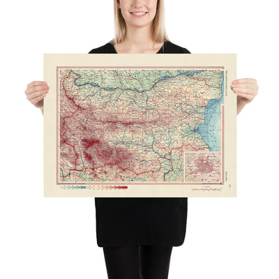 Mapa antiguo de Bulgaria, 1967: Sofía, representación política y física detallada, montañas, ríos y llanuras 