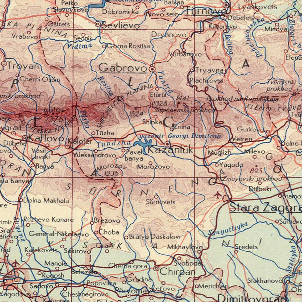 Mapa antiguo de Bulgaria, 1967: Sofía, representación política y física detallada, montañas, ríos y llanuras 