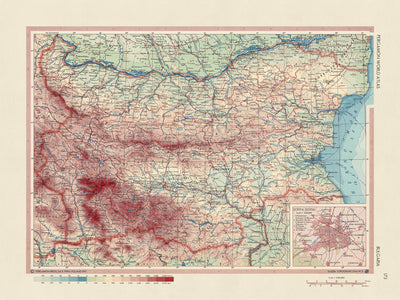Mapa antiguo de Bulgaria, 1967: Sofía, representación política y física detallada, montañas, ríos y llanuras 