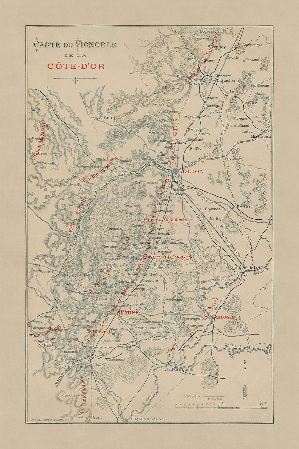 Old Wine Map of Burgundy, 1895: Côte de Beaune & Cote d’Or, Dijon, Beaune, Vineyards, Saône River