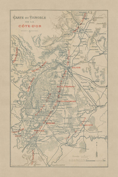 Old Wine Map of Burgundy, 1895: Côte de Beaune & Cote d’Or, Dijon, Beaune, Vineyards, Saône River