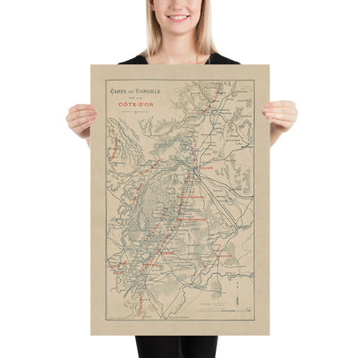 Old Wine Map of Burgundy, 1895: Côte de Beaune & Cote d’Or, Dijon, Beaune, Vineyards, Saône River