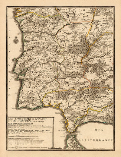 Antiguo mapa del Algarve y Gibraltar en 1742 por Nicolas de Fer - Cádiz, Málaga, Sevilla, Marbella, Lisboa, Portugal, España