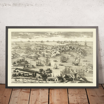 Old Pictorial Map of Cadiz by Aveline, 1700: Castillo de San Sebastián, Catedral, Plaza de España