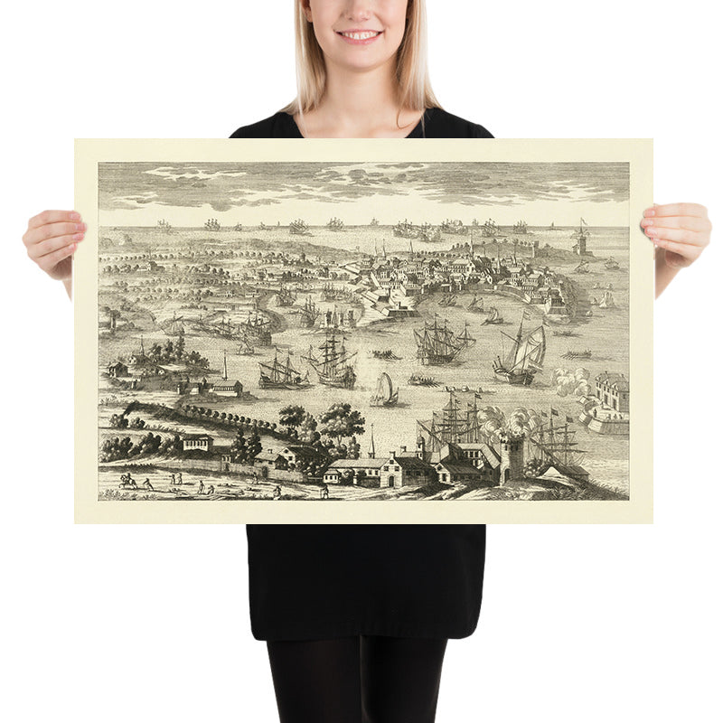 Old Pictorial Map of Cadiz by Aveline, 1700: Castillo de San Sebastián, Catedral, Plaza de España