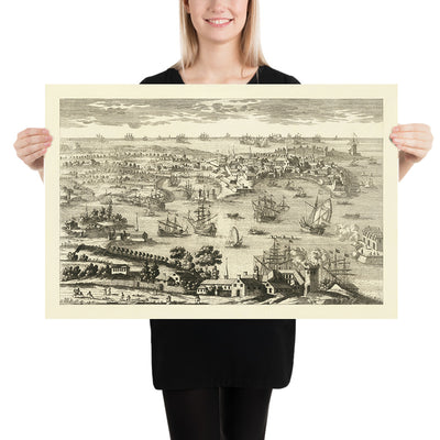 Old Pictorial Map of Cadiz by Aveline, 1700: Castillo de San Sebastián, Catedral, Plaza de España