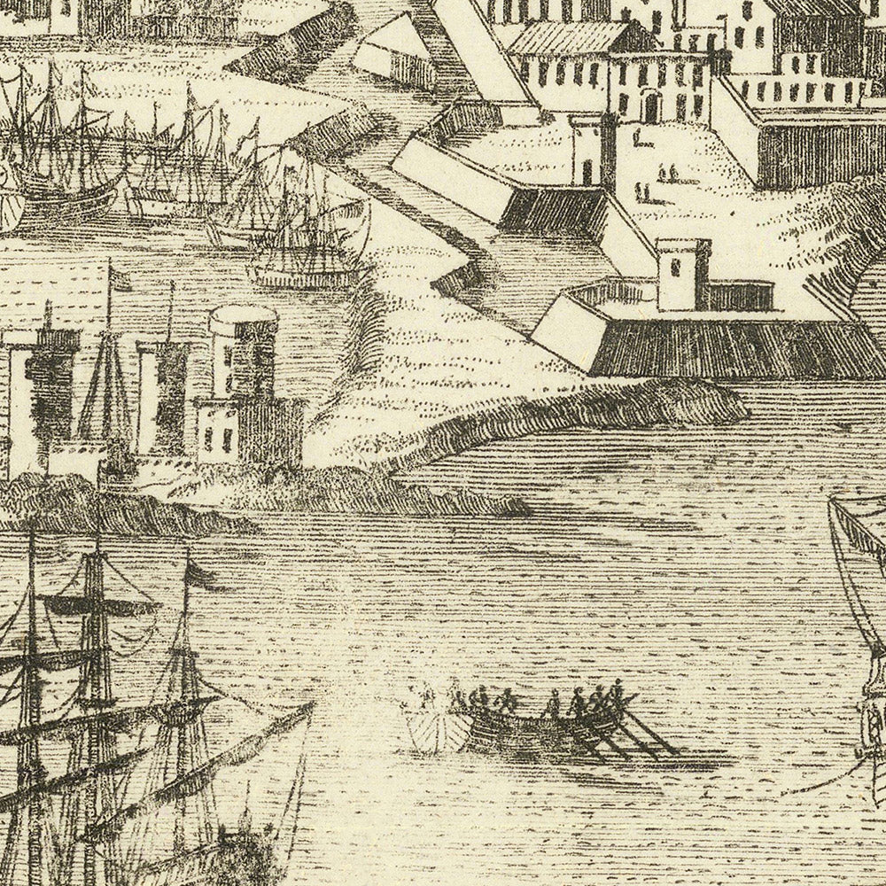 Old Pictorial Map of Cadiz by Aveline, 1700: Castillo de San Sebastián, Catedral, Plaza de España