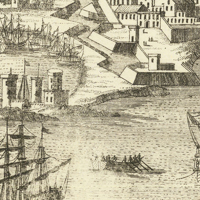 Old Pictorial Map of Cadiz by Aveline, 1700: Castillo de San Sebastián, Catedral, Plaza de España