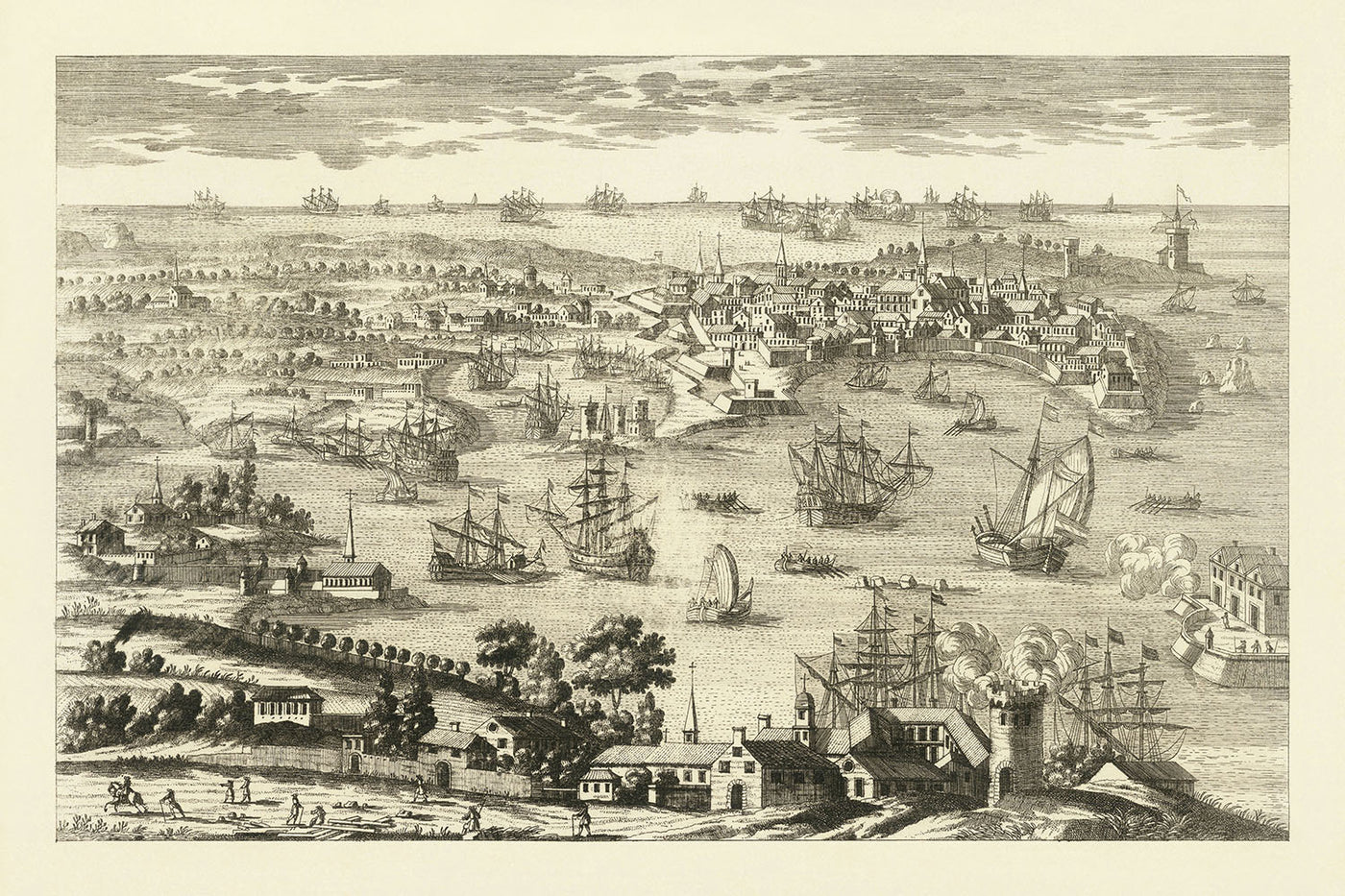 Old Pictorial Map of Cadiz by Aveline, 1700: Castillo de San Sebastián, Catedral, Plaza de España