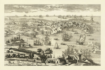Old Pictorial Map of Cadiz by Aveline, 1700: Castillo de San Sebastián, Catedral, Plaza de España