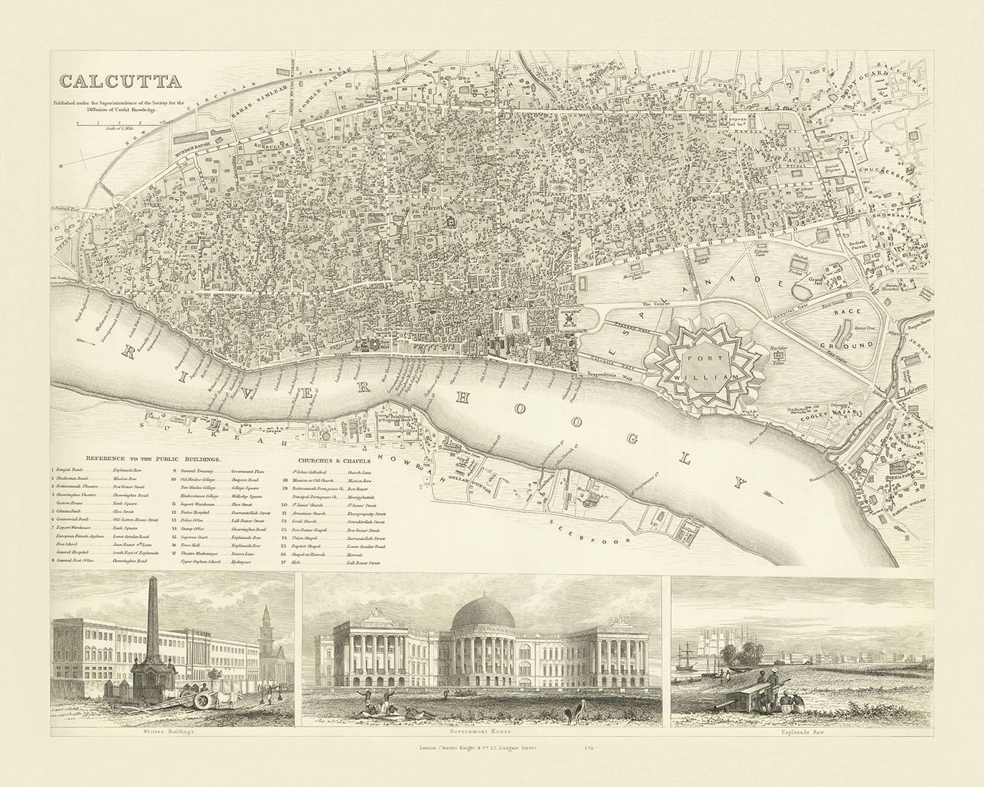 Old Map of Calcutta (Kolkata), 1840: Fort William, Government House, Esplanade Row, Maidan, Howrah Bridge